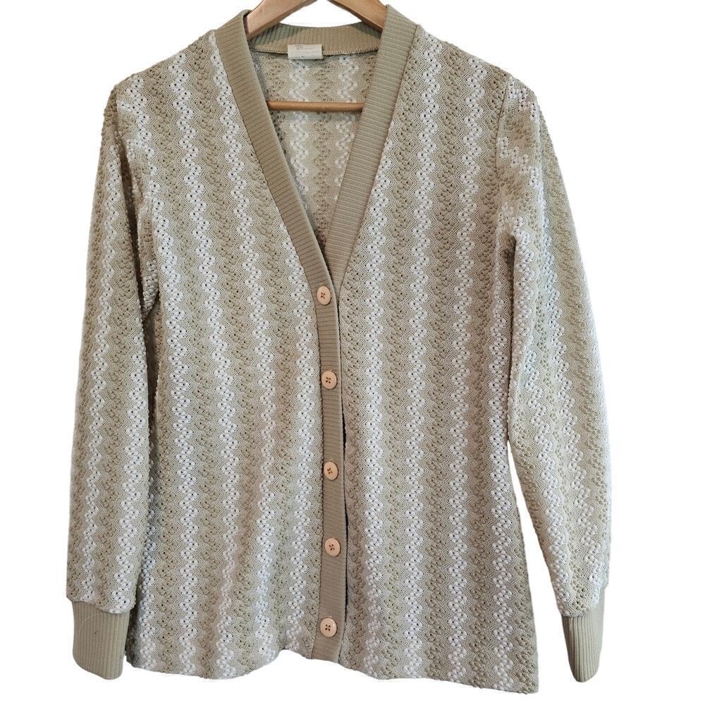 Vintage 70s Cardigan Womens Small Tan Embroidered Mod Preppy Button V-Neck